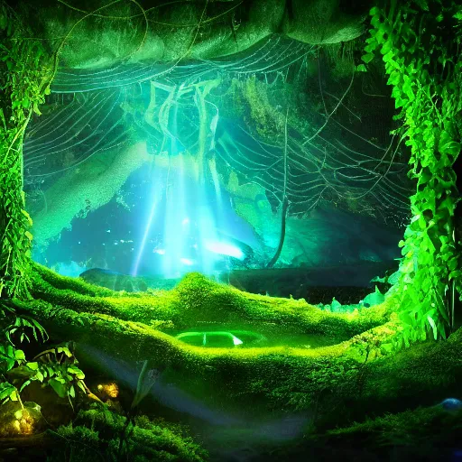 Image similar to glowing cave, hidden by a curtain of vines, covered by lush green vines, rocks, small pool of water, trickling water, stone, hidden, forest, night, glow, magical, magic, fantasy, professional, high quality, highly detailed, award-winning, awe-inspiring, spectacular, HD, 4K, 8K