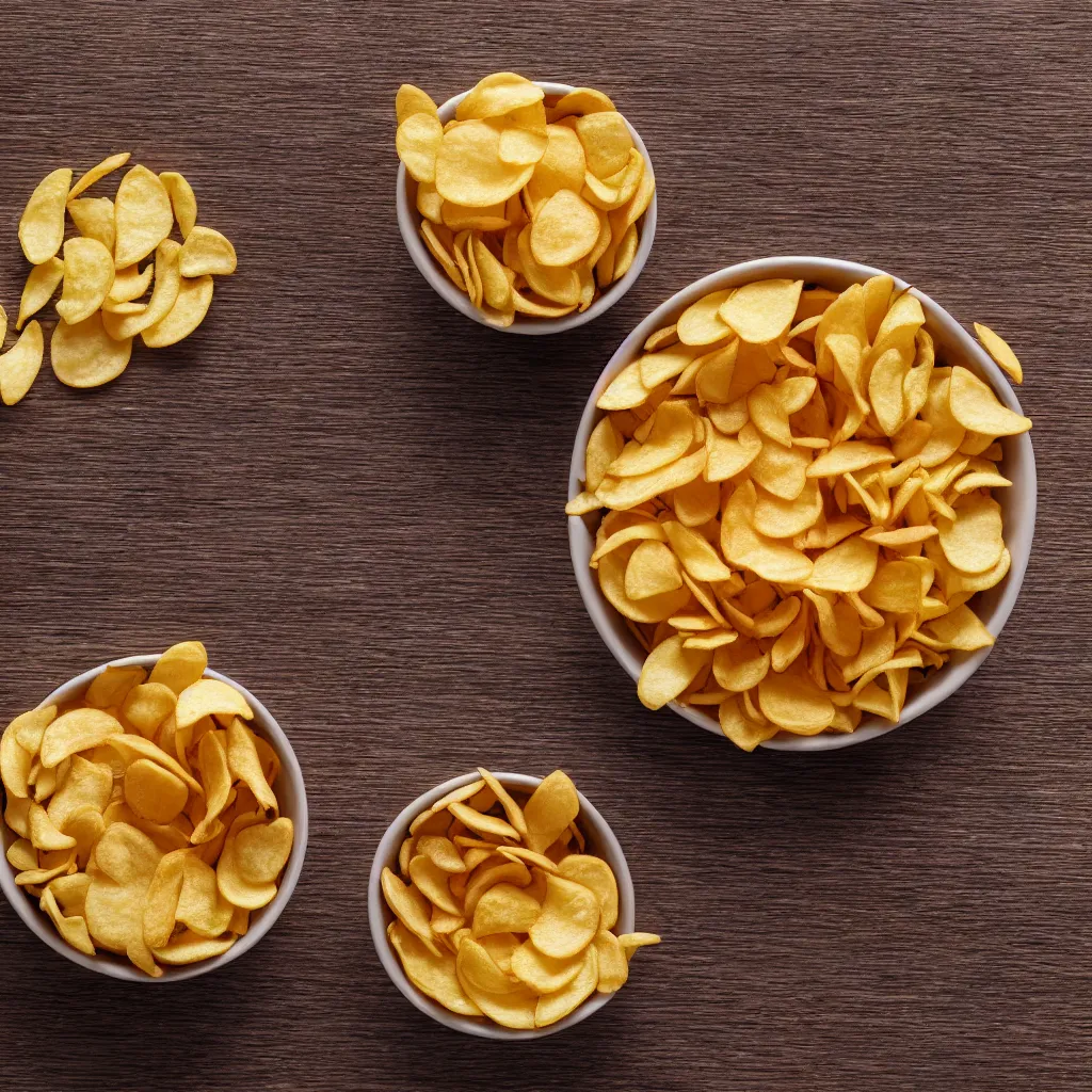 Prompt: top-down view with single bowl of chips on top of a wooden table, wallpaper, 4k, photorealistic