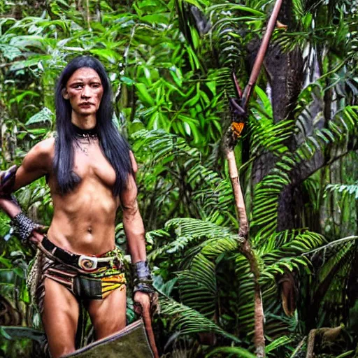 Prompt: Female Yautja trophy hunter posing in the jungle