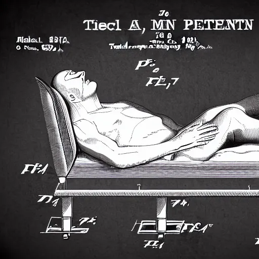 Prompt: sleeping man as a patent drawing. technical drawing. mathematical. funny.