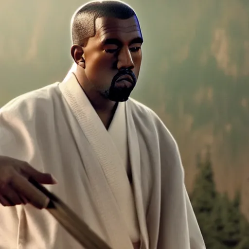 Image similar to cinematic film still of Kanye West starring as a Japanese Sensei with fire, Japanese CGI, VFX, 2020, 40mm lens, shallow depth of field, film photography