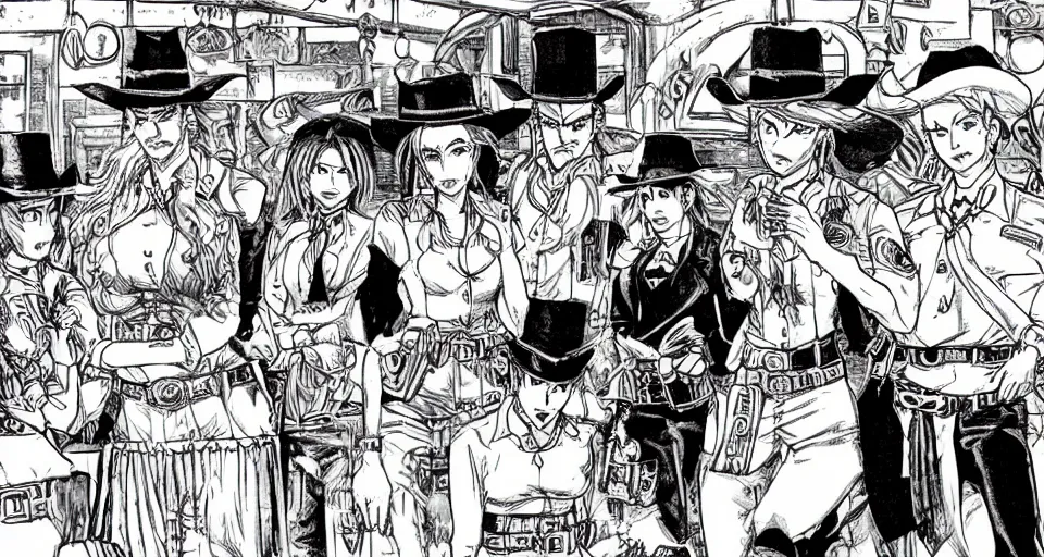 Image similar to detailed ultra sharp, red female sheriff, global lighting, theme saloon from a western, western saloon, booze, revolver, cigars, sheriff sitting in a saloon, all in the style of yoshihiro togashi.