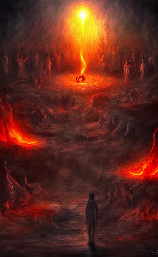 Image similar to Meeting God in hell, digital art, trending on art station