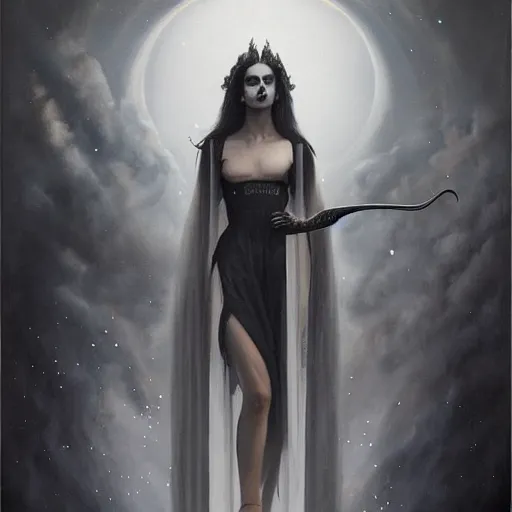 Image similar to By Tom Bagshaw, ultra realist soft painting of curiosities festival by night, very beautiful horn female in long gothic dress thin dark lustrous hair, symmetry accurate features, very intricate details, omnious sky, black and white, volumetric light clouds