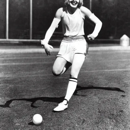 Image similar to a 1 9 2 8 portrait. happy, healthy, smiling, sporty, glowing greta garbo in athletic wear with big smile and healthy teeth.