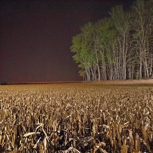 Prompt: nighttime trail cam footage, several floating corn cobs, ominous