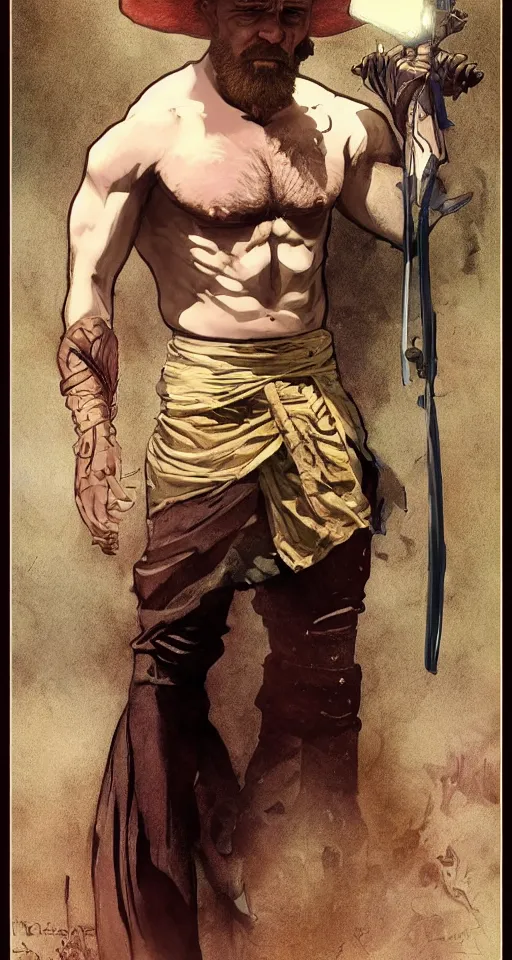 Image similar to Heisenberg as Kratos, highly detailed, digital painting, artstation, concept art, smooth, sharp focus, illustration, ArtStation, art by artgerm and greg rutkowski and alphonse mucha and J. C. Leyendecker and Edmund Blair Leighton and Katsuhiro Otomo and Geof Darrow and Phil hale and Ashley wood and Ilya repin and Charlie Bowater
