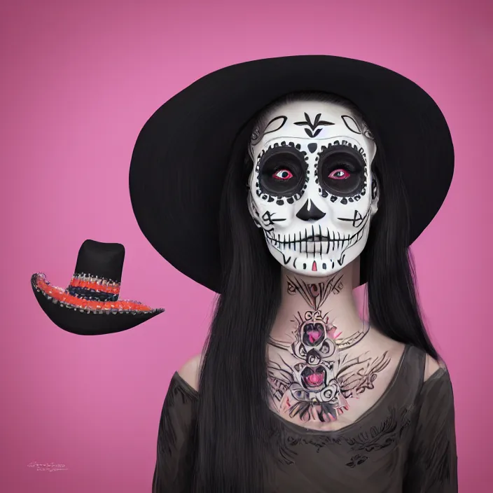 Image similar to a smiling girl with long black hair, part of her face slightly!!!!! painted as dia de los muertos, wearing mexican hat, by alozuniga _. with the style of arcane ( 2 0 2 1 ). digital draw, digital art, trending on instagram, digital painting. octane render, unreal engine, beautiful lips.