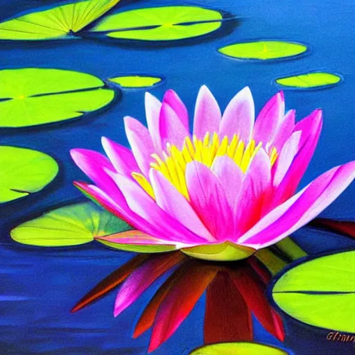 Image similar to girl floating in water, with waterlily flower, bright colours, painting, detailed, magical environment, peaceful, beautiful, artwork