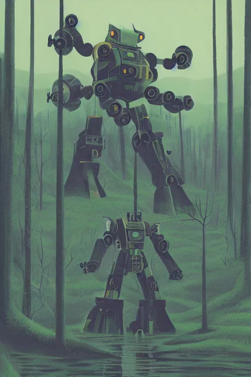 Image similar to giant mecha robot with laser, swamps landscape and pillars by helen lundeberg