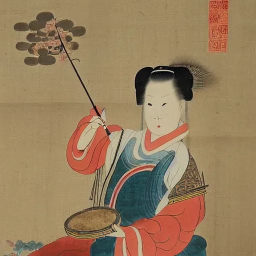 Prompt: the Chinese ancient painting of a lady playing jazz drum kit in Tang Dynasty , by Han Xizai