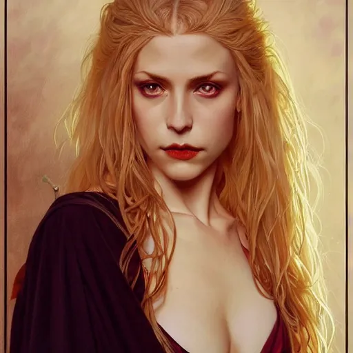 Image similar to portrait of a beautiful young blonde vampire, anatomically correct, dark, piercing eyes, gentle expression, elegant clothing, photorealistic, highly detailed, artstation, smooth, sharp focus, art by michael whelan, artgerm, greg rutkowski and alphonse mucha