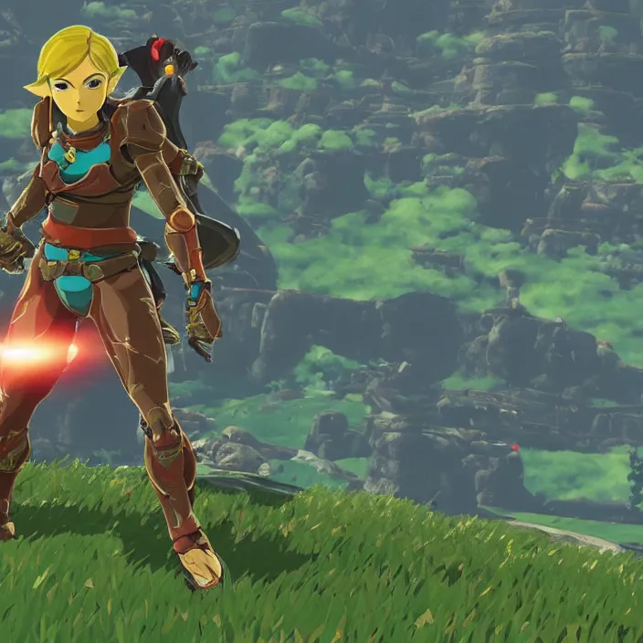 Prompt: Samus in The Legend of Zelda Breath of the Wild, detailed screenshot
