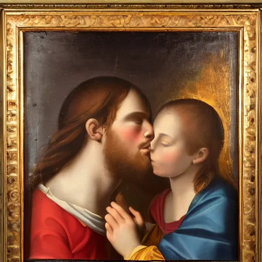 Image similar to an oil panting of a jesus kissing maria maddalena