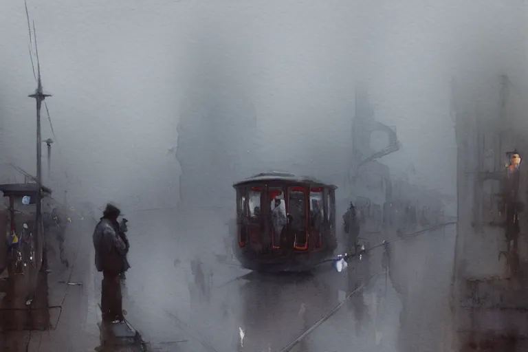 Image similar to small centered on watercolor paper, paint brush strokes, abstract watercolor painting of old man sitting on tram, poor and rugged, foggy dawn, morning dew, cinematic light, national romanticism by hans dahl, by jesper ejsing, by anders zorn, by greg rutkowski, by greg manchess, by tyler edlin