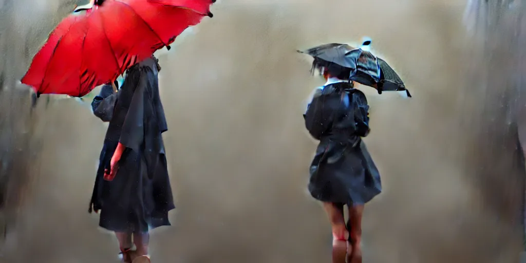 Prompt: painting of japanese girl holding an umbrella in the rain; trending on Artstation, 8k, detailed, atmospheric, immaculate