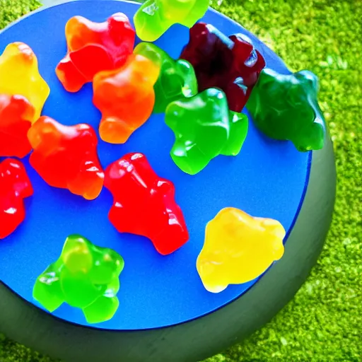 Prompt: gummy bears playing on a miniature playground