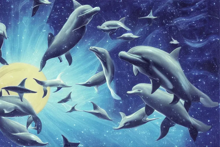 Image similar to a group of cosmic dolphins jumping out of a cosmic ocean in space