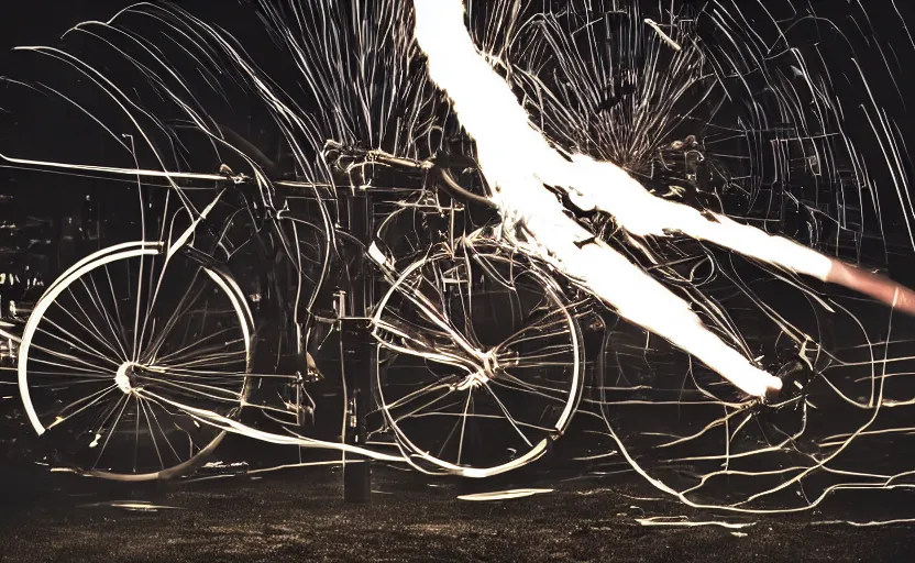 Image similar to a bicycle with a rocket engine attached to the back, flames and fire shooting out the back, light trails and motion blur, stylized photo