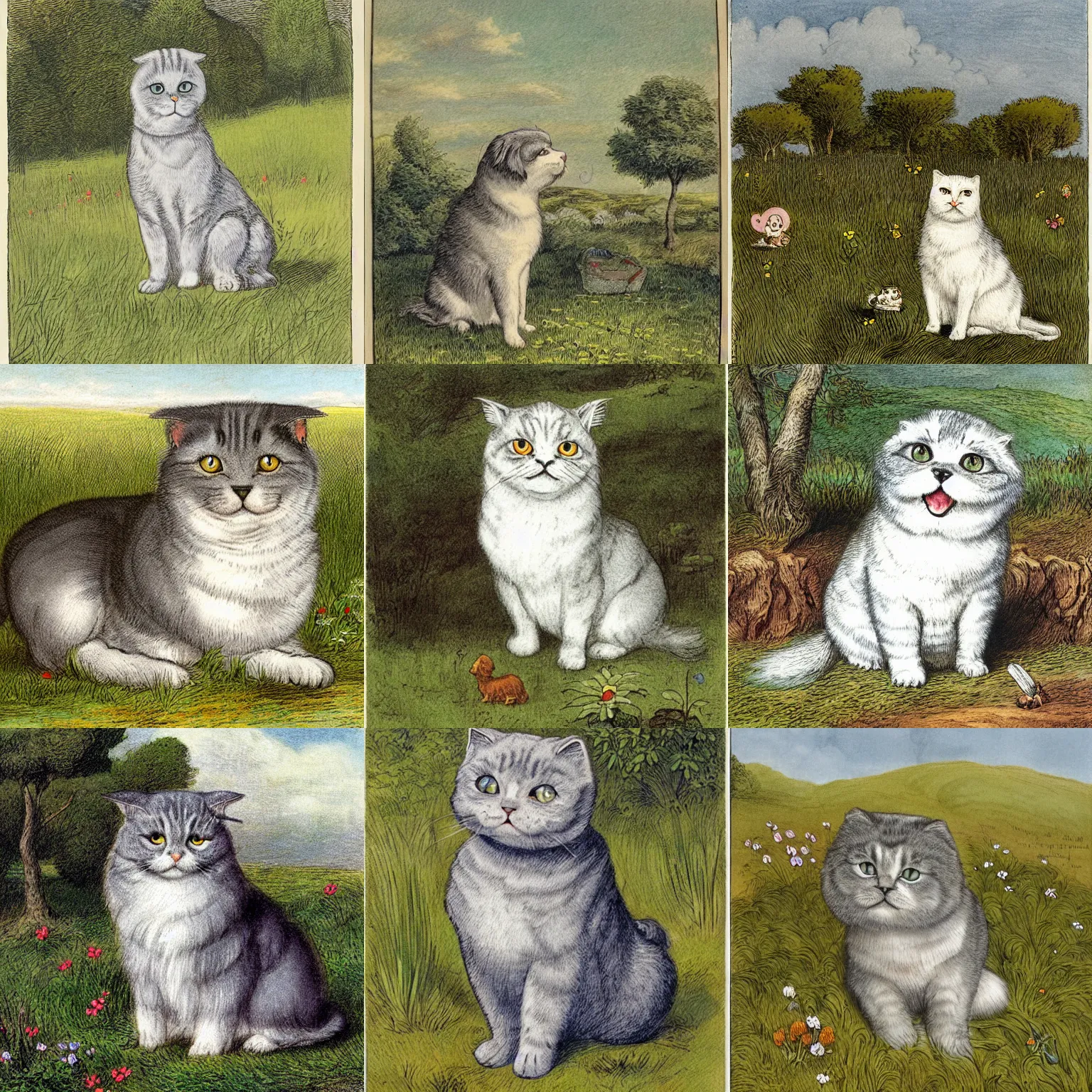 Prompt: a gray scottish fold sitting in the middle of sunny meadow, colored, by john tenniel