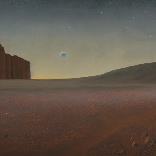 Image similar to enchanted meadows on a plateau melting landscape on Mars by Neo Rauch, break of dawn, lights in distance, Greg Rutkowski