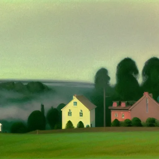 Prompt: suburban american neighborhood on early morning with mist over the houses, painting by edward hopper, illustration, 4k, high quality, 1980, pastel colors, film grain,