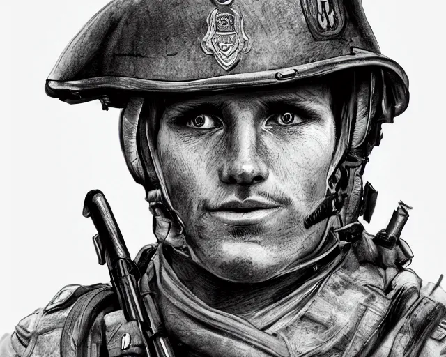 Prompt: A soldier talking to a cat in world war 1, close-up, realistic face, beautiful face detail, mature facial features, black and white, amazing digital art, hyper detailed, artstation, in the style of Tony Sart