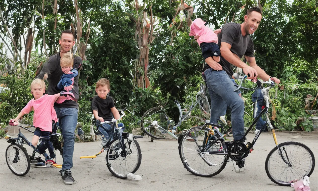 Prompt: ryan renolds playing on a childrens bicycle