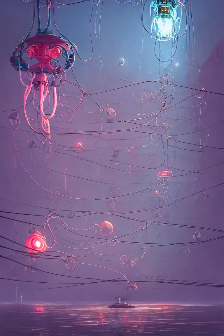 Image similar to mechanical robotic squid jellyfish spaceship with long tendrils, lots of hanging cables and wires, sci - fi concept art, by john harris, by simon stalenhag, stunning, award winning