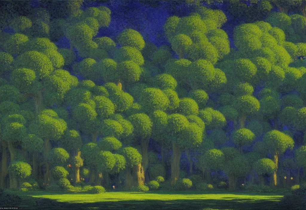 Prompt: Lothlorien at night, as painted by Claude Monet, Maxfield Parrish, Roger Dean