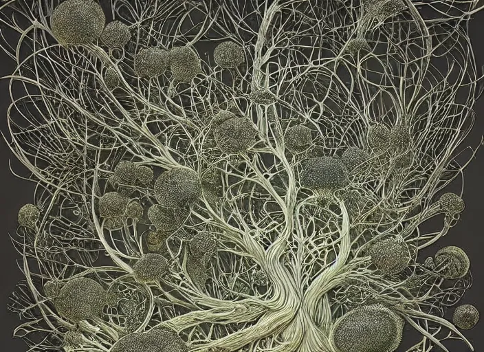 Image similar to a 3 d fungal world of mushroom fractals in the style of graffuturism, intricate mycelial lace, ultra detailed, by peter mohrbacher & james jean & william morris & ernst haeckel & zaha hadid