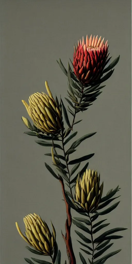 Image similar to tall king proteas against a black backdrop by martin johnson heade, artstation