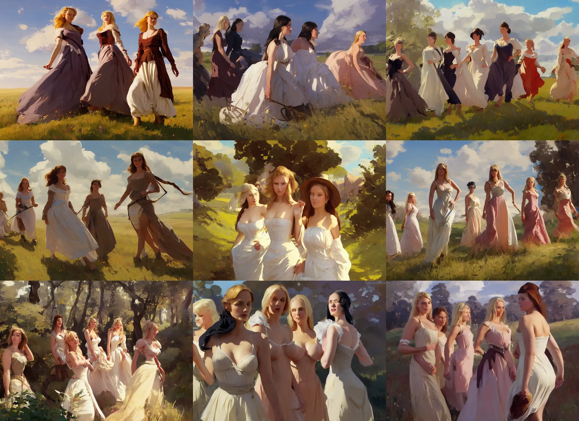 Image similar to five of beautiful finnish norwegian swedish scandinavian attractive glamour models wearing 1 7 th century bodice with low neckline walking in the field in a sunny day, jodhpurs greg manchess painting by sargent and leyendecker, studio ghibli fantasy close - up shot asymmetrical intricate elegant matte painting illustration hearthstone, by greg rutkowski by greg tocchini by james gilleard