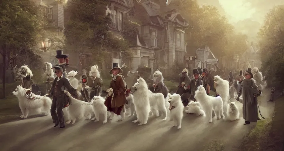 Image similar to the great victorian samoyed parade, beautiful, soft lighting, artstation, storybook,