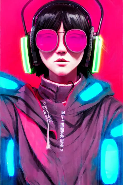 Prompt: stylized japanese cyberpunk girl, wearing : urban techwear, neon - kitty headphones and cyber sun glasses, painted in acrylic, pigment textures, in the colors hot pink and cyan, beautiful realistic face, rule of thirds, spotlight, by greg rutkowski, by jeremy mann, by francoise nielly, by van gogh, by ross tran, in focus