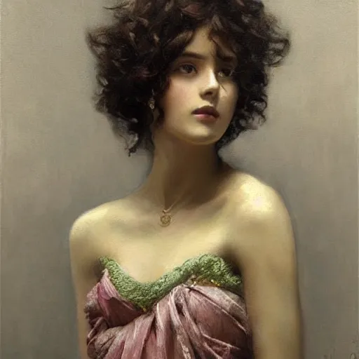 Image similar to a oil painting of a fair skin with dark curly stylised hair queen wearing dress, by frederick william elwell, by otomo highly detailed, realistic, concept art, jewels, oriental, desaturated