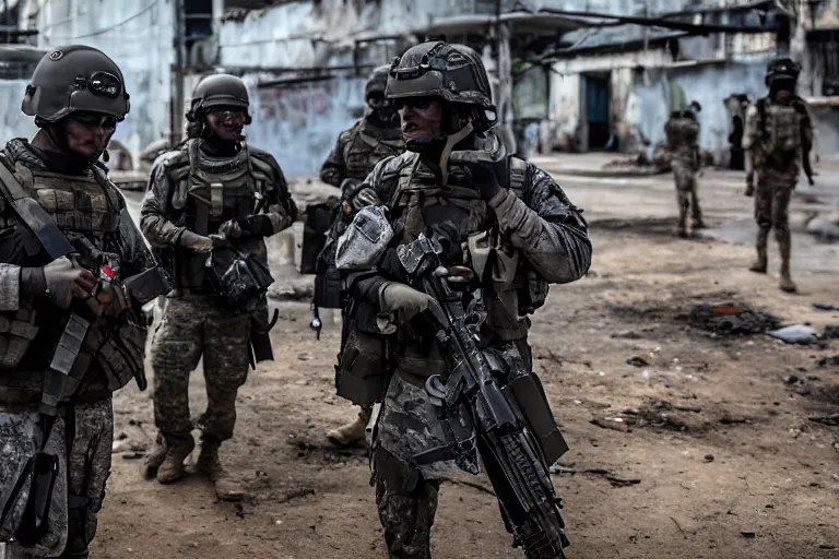 Prompt: Mercenary Special Forces soldiers in grey uniforms with black armored vest and black helmets behind an MRAP in urban warfare in Cambodia as artillery explodes 2022, Canon EOS R3, f/1.4, ISO 200, 1/160s, 8K, RAW, unedited, symmetrical balance, in-frame, combat photography