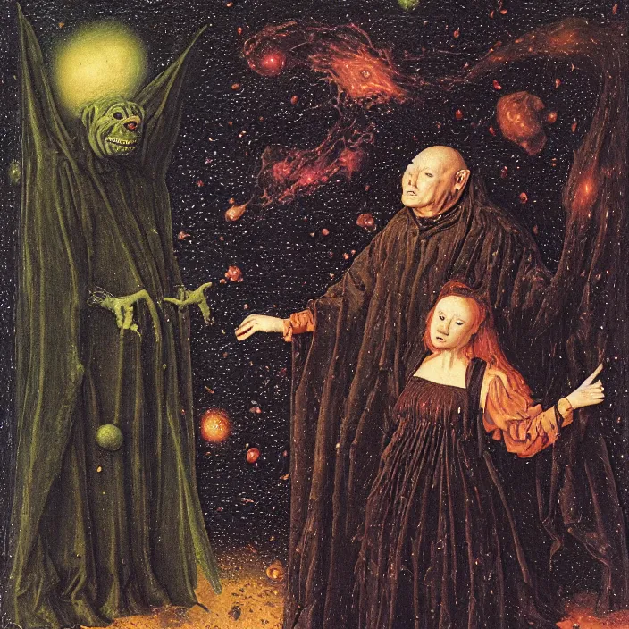 Prompt: a goblin monster and a woman in a black cloak, in a nebula, by Jan van Eyck