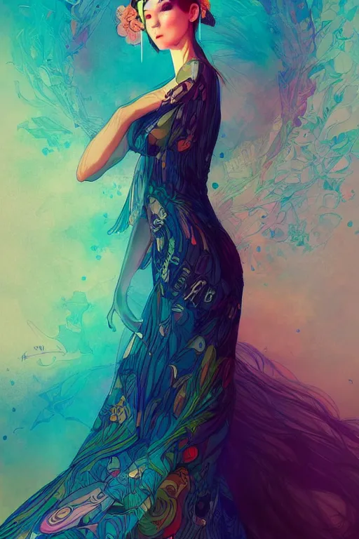 Prompt: a beautiful muse in a dress made of dreams, by android jones and ross tran and ilya kuvshinov, trending on artstation