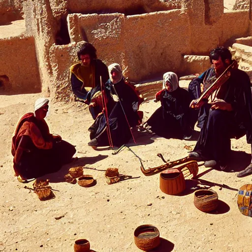 Prompt: berber musicians, smoking hashish and playing string instruments in a dusty, sunny environment, a frame from an early star wars movie