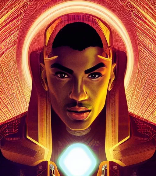 Image similar to symmetry!! egyptian prince of technology, solid cube of light, hard edges, product render retro - futuristic poster scifi, lasers and neon circuits, brown skin man egyptian prince, intricate, elegant, highly detailed, digital painting, artstation, concept art, smooth, sharp focus, illustration, dreamlike, art by artgerm