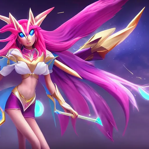 Image similar to star guardian xayah and star guardian kai'sa are friends, league of legends, by weta digital, 3 - dimensional, photograph, hyper relealistic, rays of shimmering light