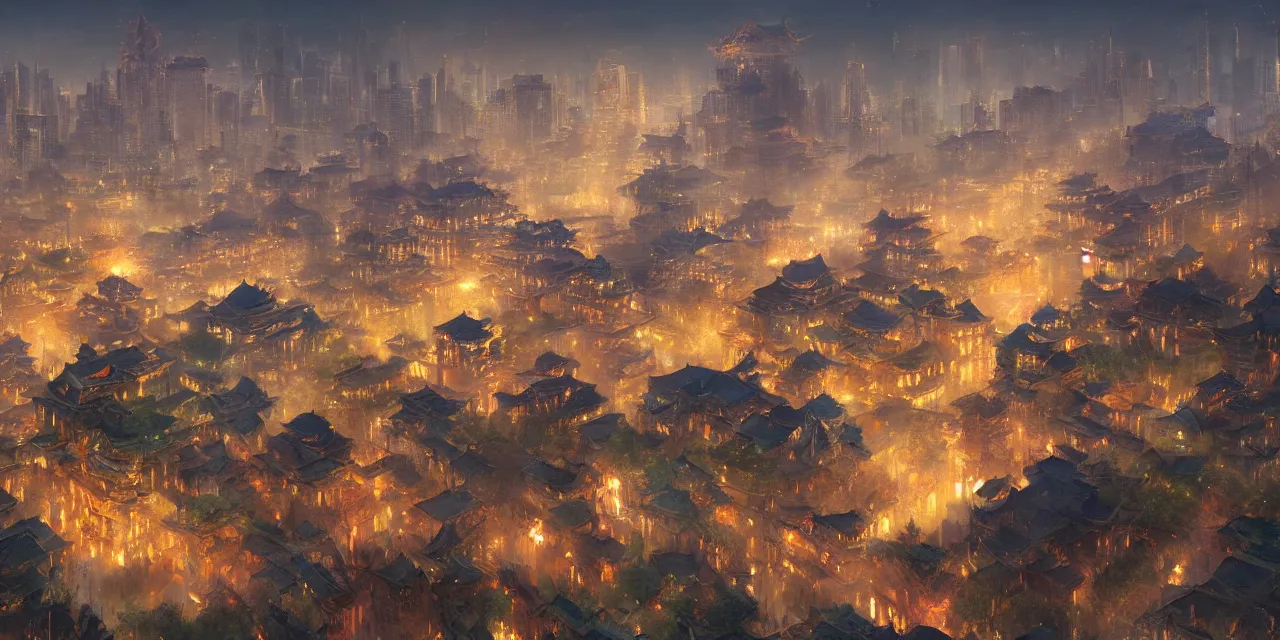 Image similar to a beautiful painting of a ancient big city of china, light effect, unreal engine, super wide angle, by yuumei and yanjun chen, trending on artstation