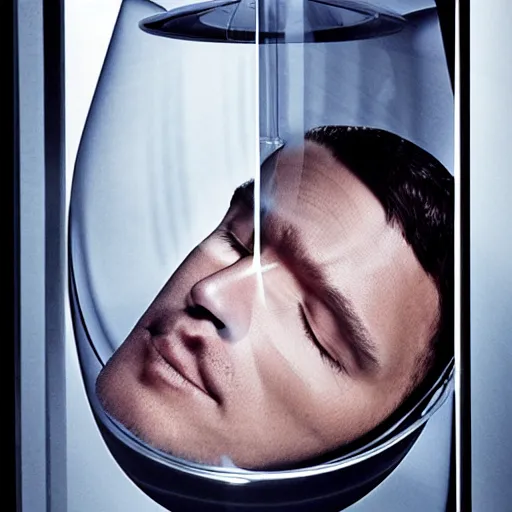 Prompt: a portrait of a beautiful man sleeping inside a futuristic glass capsule, photographed by erwin olaf for a fashion magazine