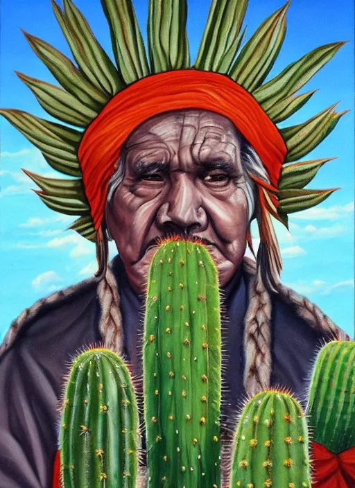 Prompt: a beautiful painting of the san pedro cactus with the face of an old indigenous man in the sky representing its spirit, fantasy art, matte painting