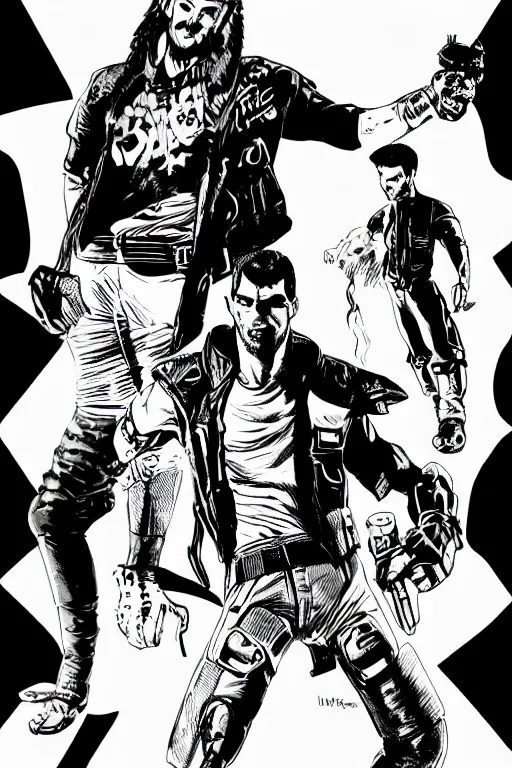 Image similar to david guretta, doing a heroic pose, a page from cyberpunk 2 0 2 0, style of paolo parente, style of mike jackson, adam smasher, johnny silverhand, 1 9 9 0 s comic book style, white background, ink drawing, black and white