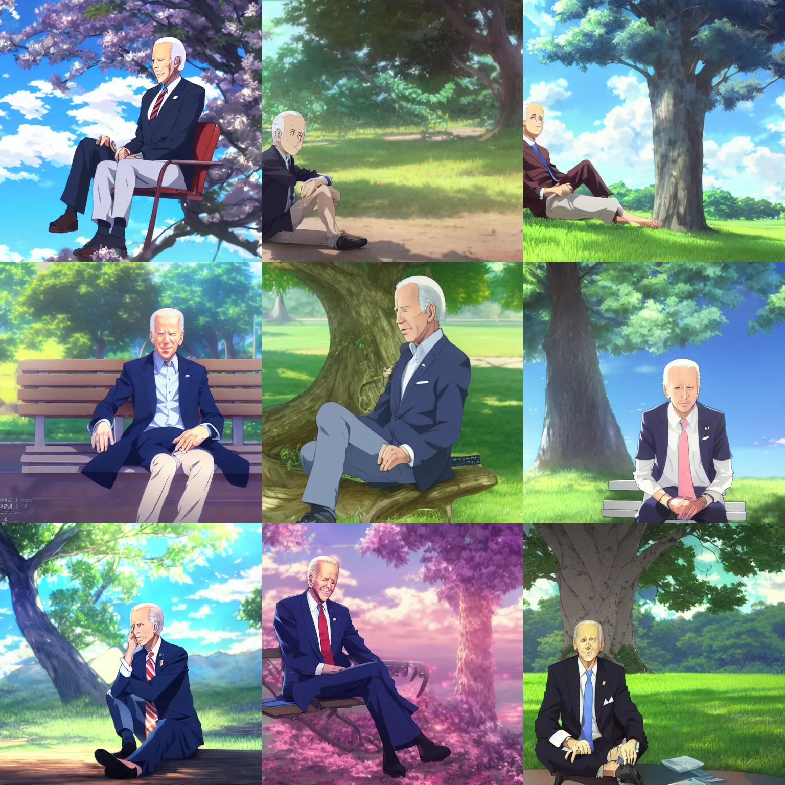 Prompt: photorealistic Joe Biden as an anime girl sitting under a tree, anime key visual, digital art, anime screenshot, kyoto animation, makoto shinkai, trending on artstation