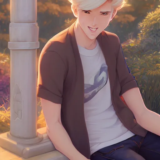 Image similar to young man with short, ash blond greyish hair, light brown eyes, casual clothes, relaxing, happy, path traced, highly detailed, high quality, digital painting, by don bluth and ross tran and studio ghibli and alphonse mucha, sylvain sarrailh, beautiful details