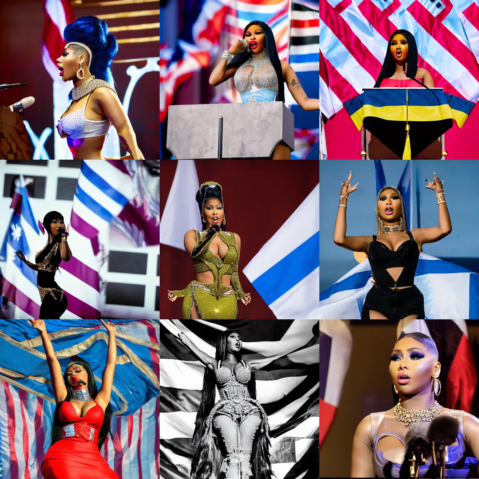 Prompt: Detailed Nicki Minaj giving a speech in Argentina in a Evita style, flags of Argentina behind, 100mm, hd image