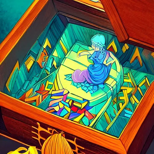 Image similar to a beautiful and vivid and colorful andreas rocha illustration of an engraved, enjeweled wooden pandora's box opening.